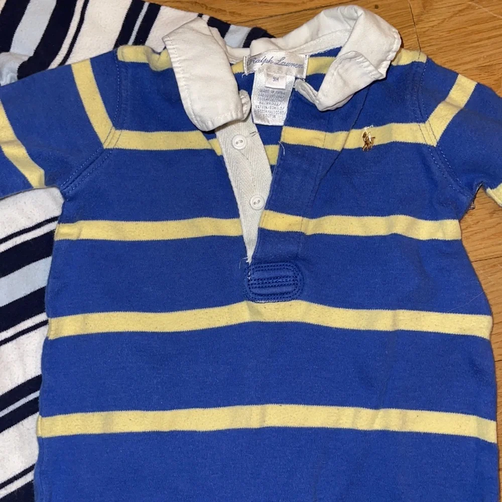 Ralph Lauren Kids Striped Polo Rompers in Blue, Yellow & White